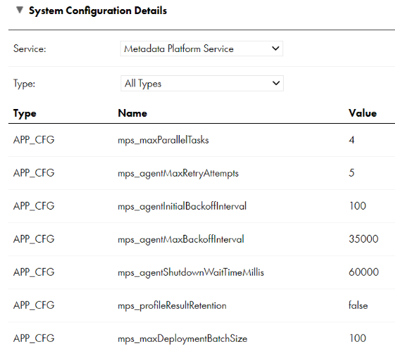 The image shows the Metadata Platform Service properties. The image shows the Metadata Platform Service properties.