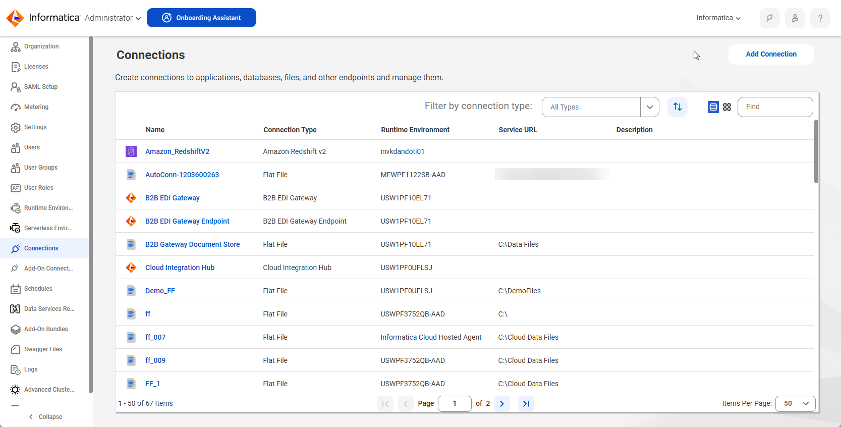 The Connections page shows all of the connections that have been configured in the organization. The page shows the name, type, runtime environment, and service URL for each connection. To create a connection, click "New Connection" at the top of the page. You can use the search field above the connections list to search for a connection.