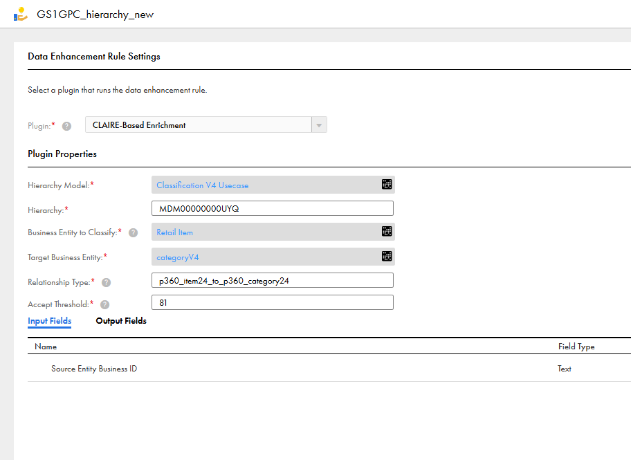 The Data Enghancement Rule Settings page shows plugin propoerties of the CLAIRE-Base Enrichment plugin, such as hierarchy model, hierarchy, business enitty to classify, relationship type, and the accept threshold.