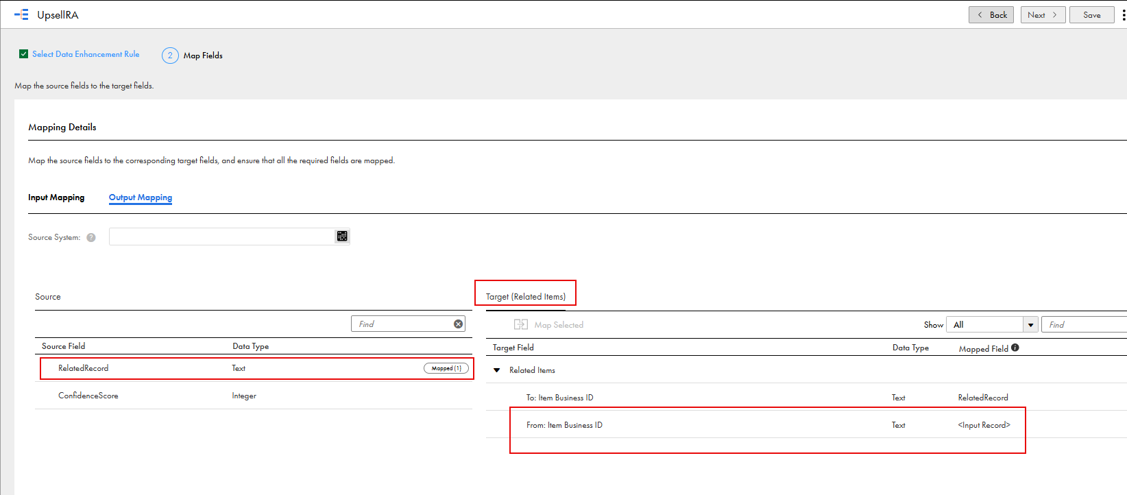 The Output Mapping tab of the UpsellRA rule association shows that the RelatedRecord source field is mapped to the To: Item Business ID field of the Related Items relationship.