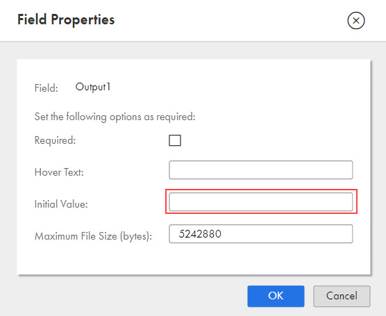 The image shows the text box added to the Initial Value property in the Field Properties dialog box for fields with the attachment and attachments data type.