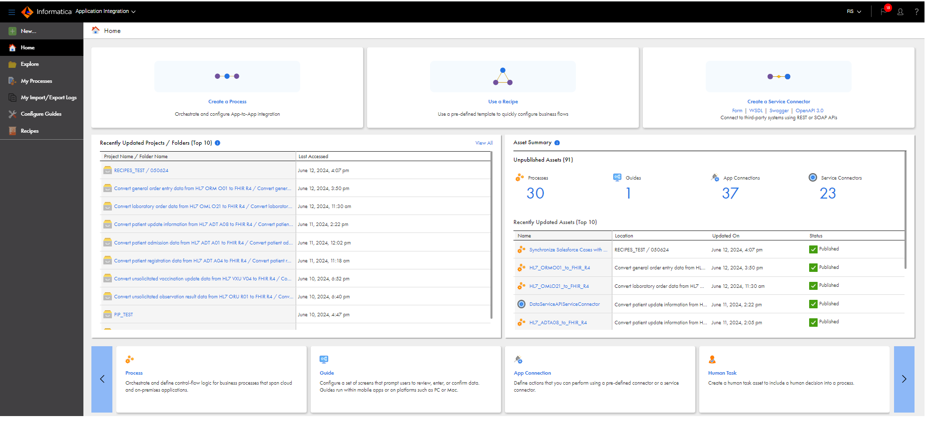 The image shows the Application Integration Home page. The Home page displays panels to create various Application Integration assets.