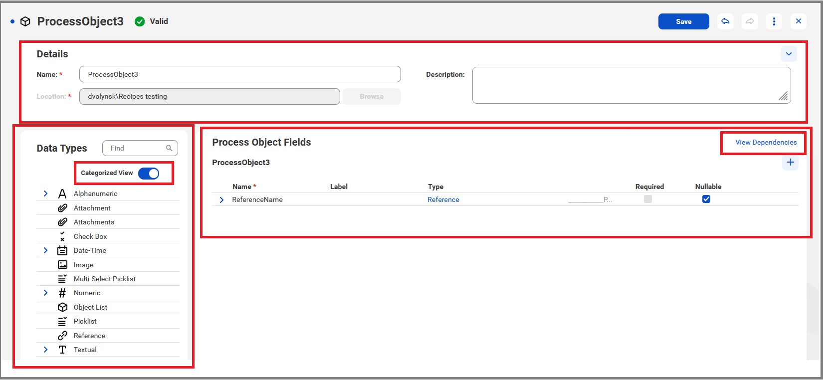 This image shows the new process object creation page with the new Data Types section and the Categorized View toggle.