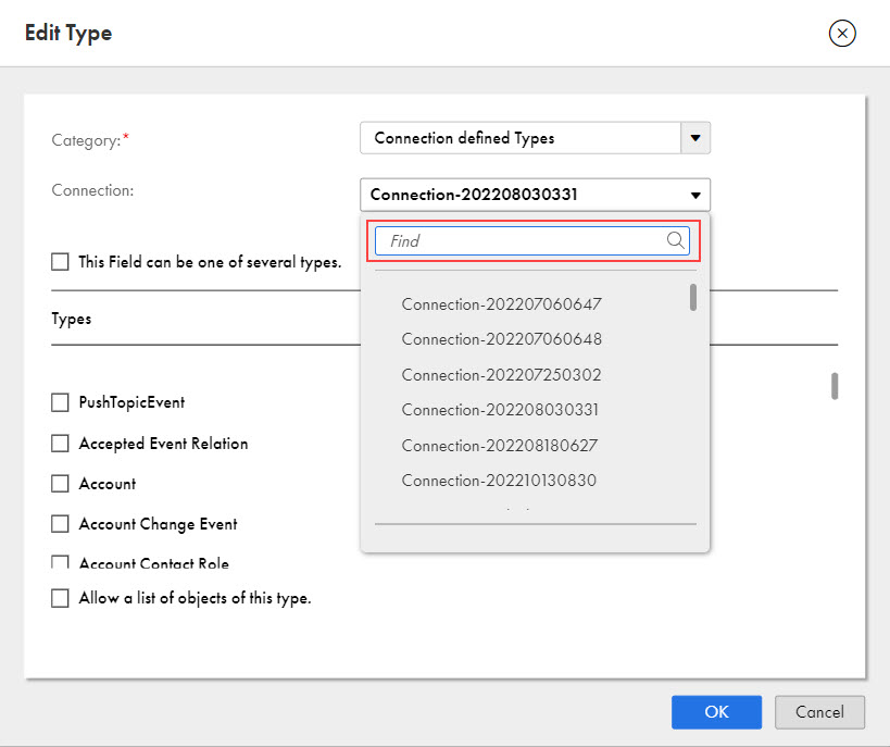 The image shows the Find box for connection-defined types in the Edit Type dialog box.