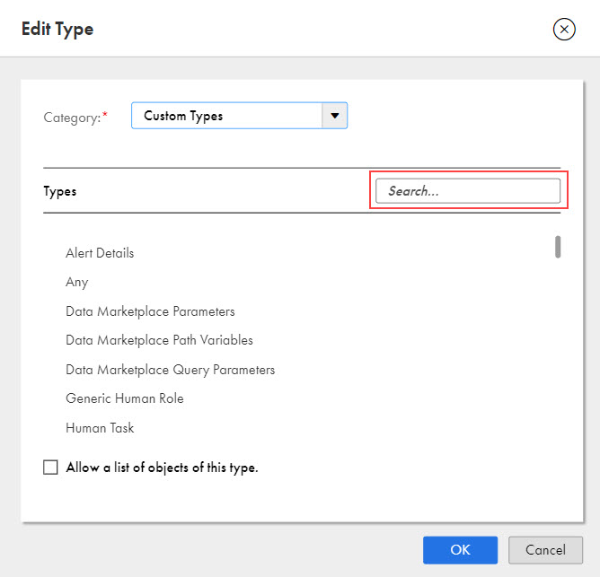 The image shows the Search box for custom types in the Edit Type dialog box.