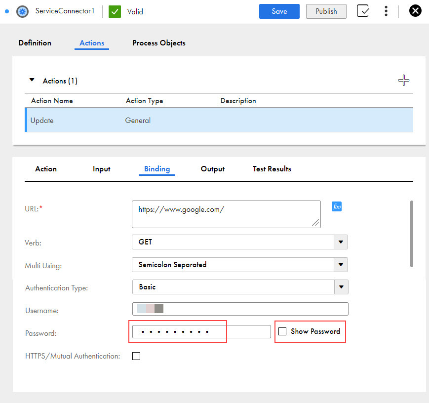 The image shows the Show Password option on the Binding tab in a service connector.