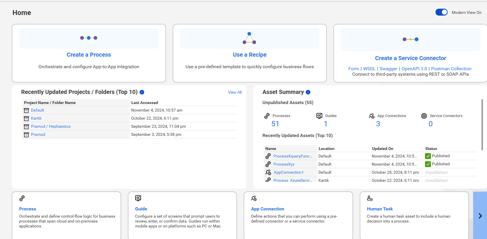 The image shows the Application Integration Home page in compact mode.