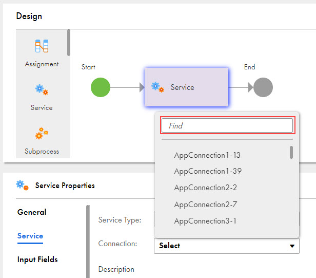 The image shows the Find box added to the Connection field in the Service step.