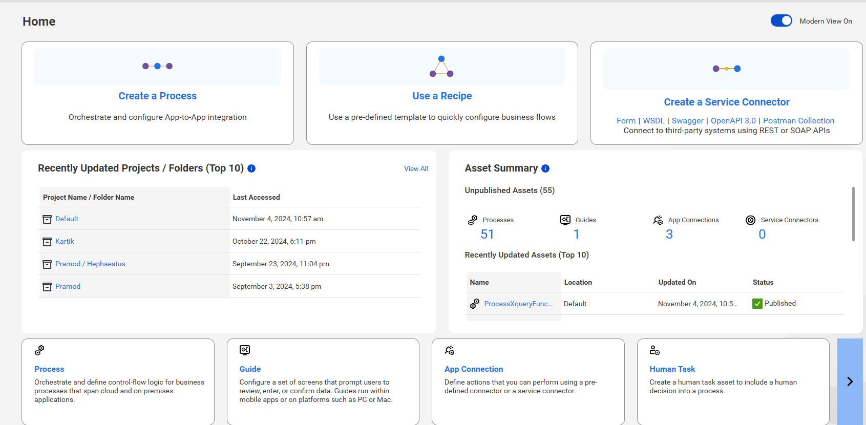 The image shows the Application Integration Home page in standard mode.