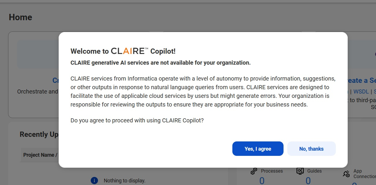 The CLAIRE Copilot consent dialog box asks you to provide consent to use CLAIRE services.