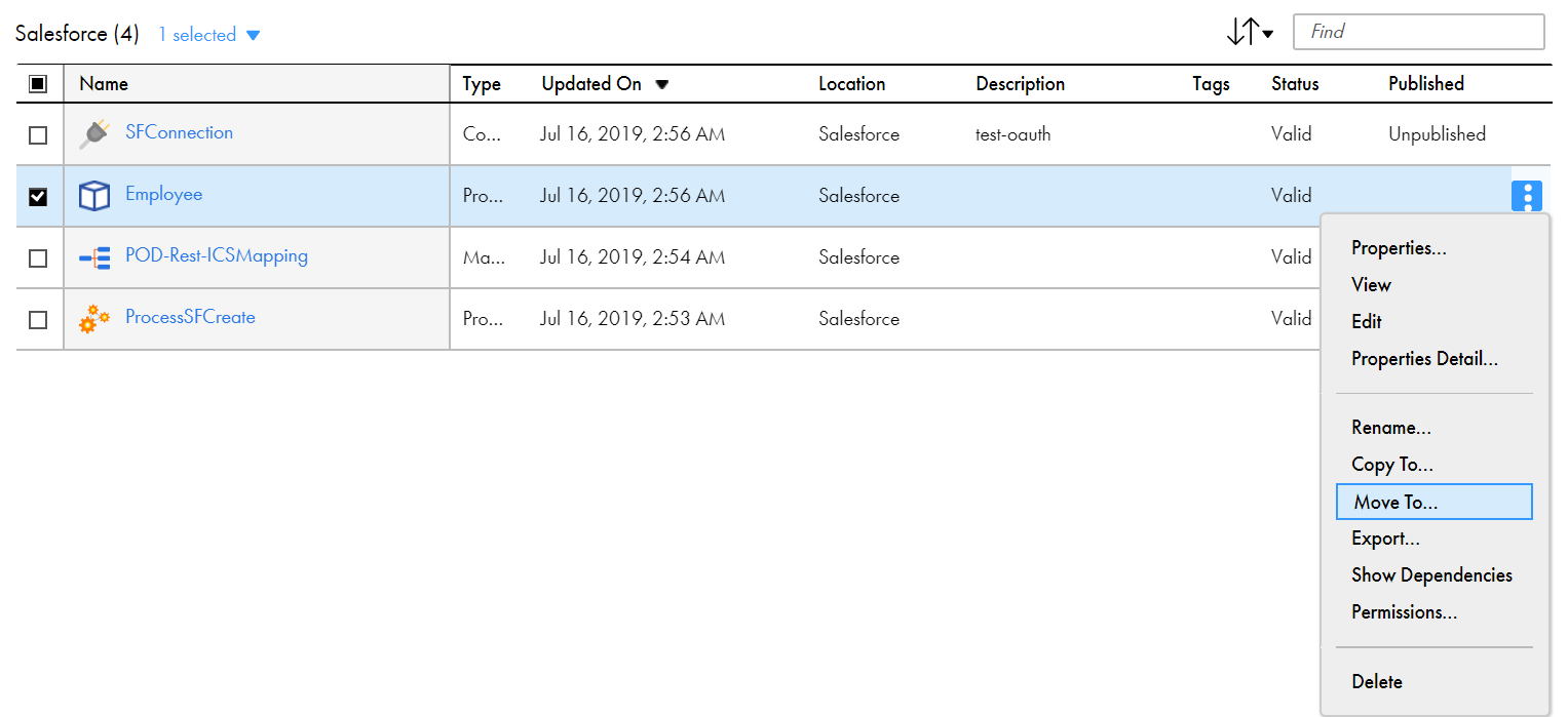 The Actions drop-down list for the highlighted task lists many options including the Move To option.