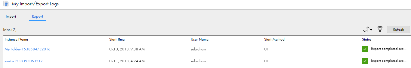 This image shows the My Import/Export Logs page. The Export tab is selected and there are two export instances.