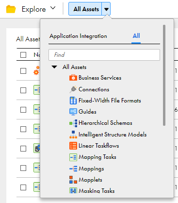 The All tab of the All Assets list is selected. A list of assets from all Informatica Intelligent Cloud Services is visible.