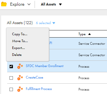 The Explore page is filtered to show all assets and six assets are selected to export. The selection menu shows options to copy, move, export, or delete the selected assets.