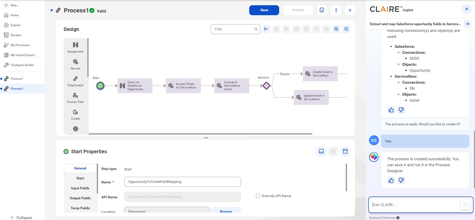 The process open in the Process Designer. You can review, edit, save, publish, and run the process.