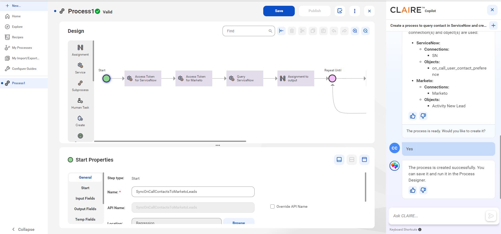 The process open in the Process Designer. You can review, edit, save, publish, and run the process.