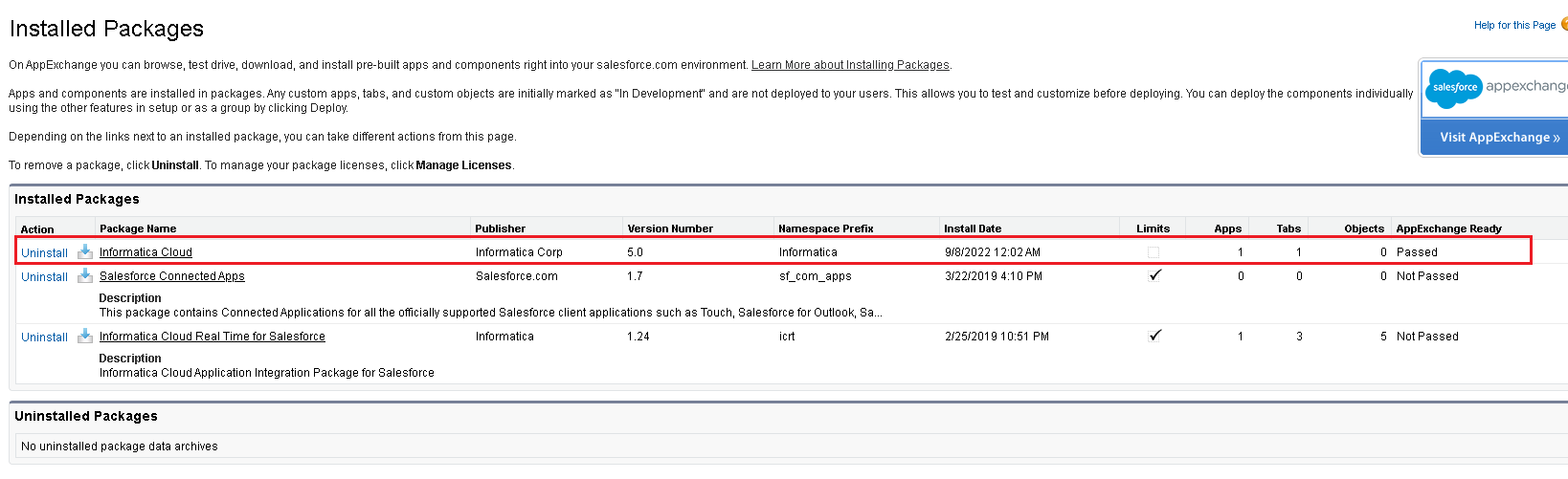 This image shows the installed managed package listed in the Installed Packages section.