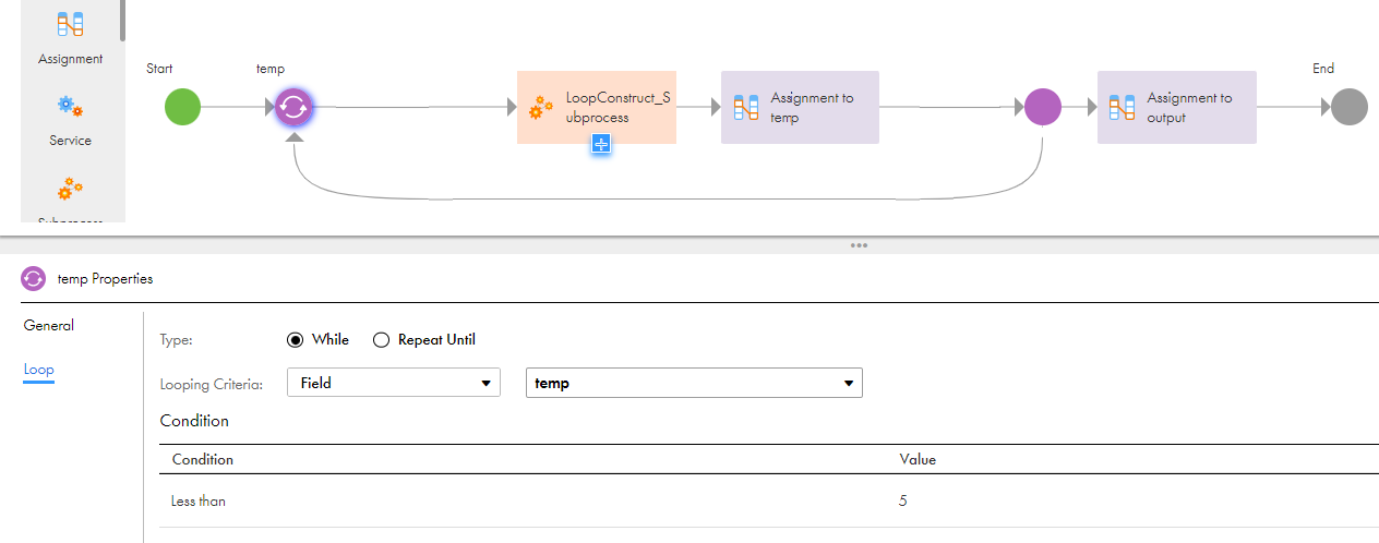 The image shows the While loop with the looping criteria set to field in the Loop step.