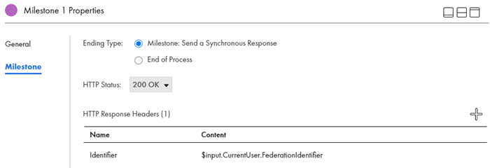 The image shows the Ending Type set to Milestone: Send a Synchronous Response, HTTP Status, and a HTTP response header