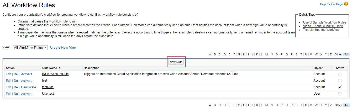 This image depicts the All Workflow Rules page with a list of available rules and the option to create a new rule.