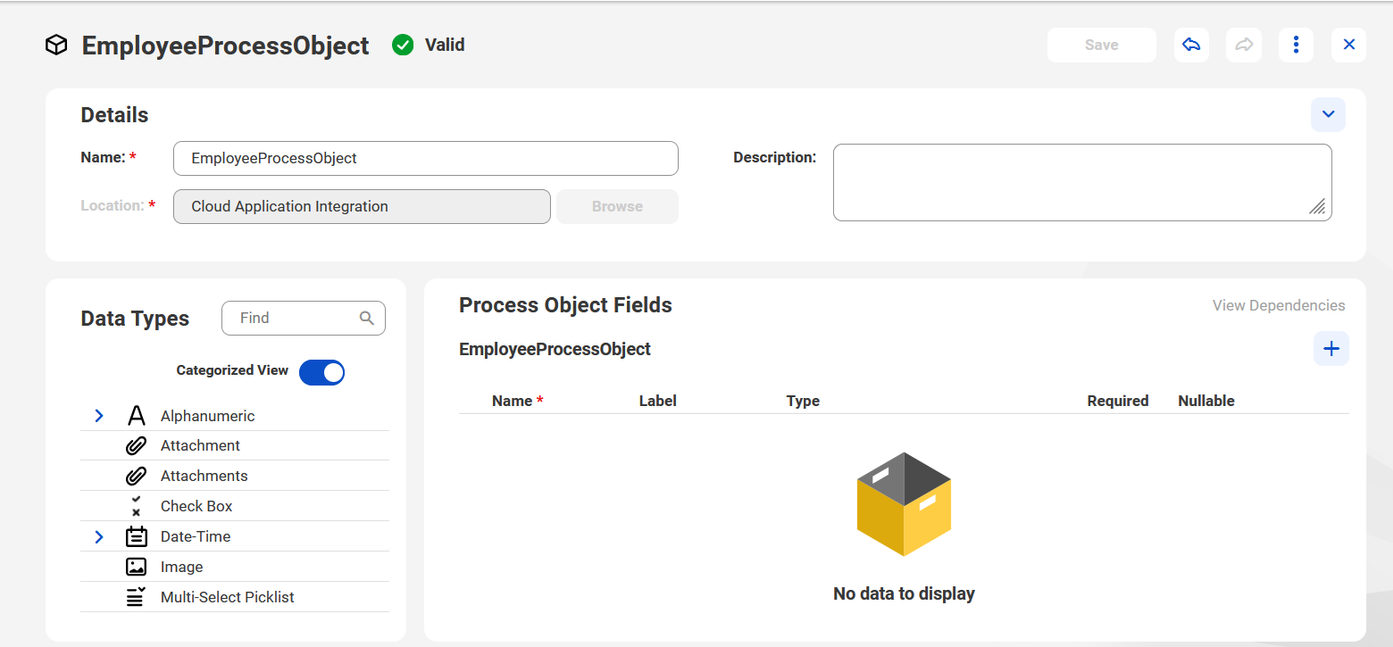 The image shows the process object editor.