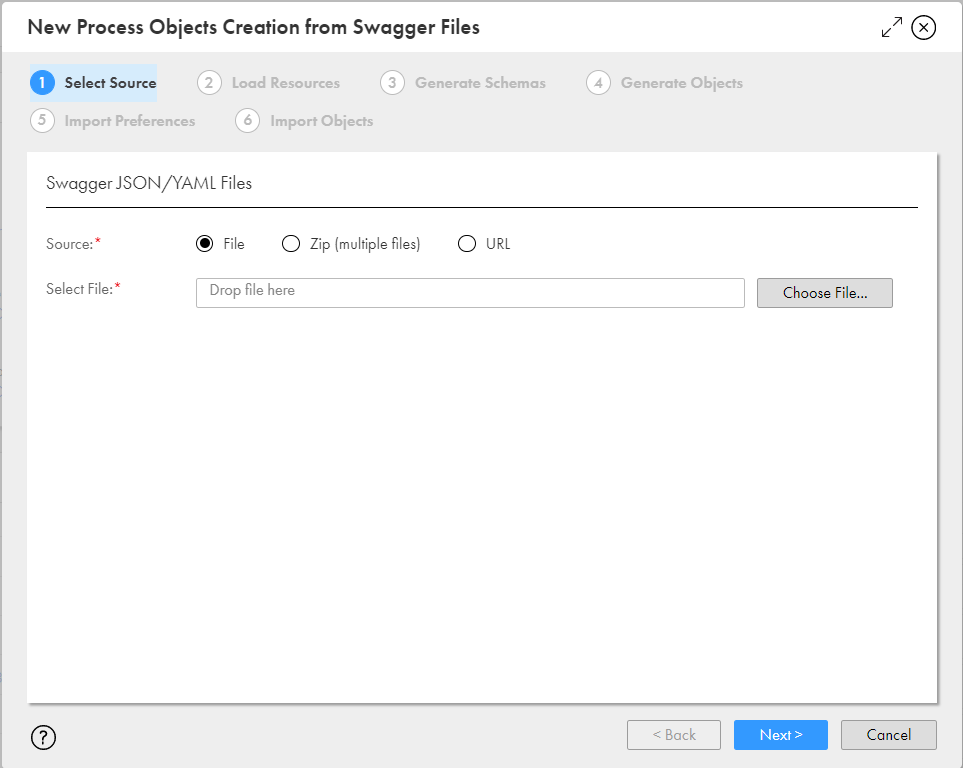 The image shows the New Objects Process Creation from Swagger Files dialog box.