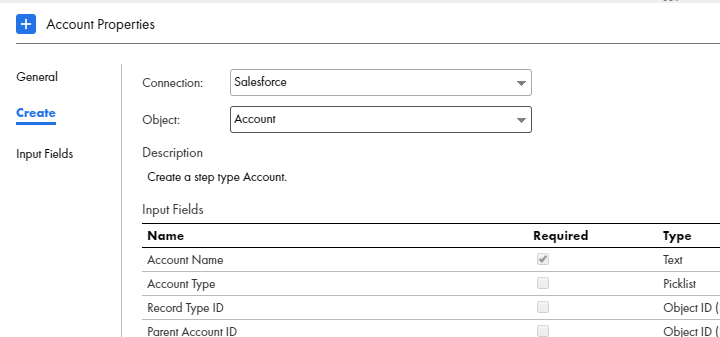 This image shows the Create tab with the Salesforce Account selected.