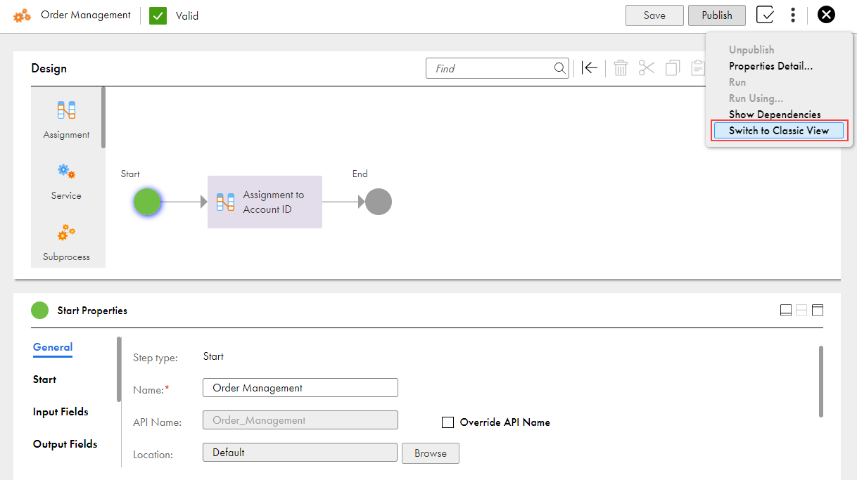 The image shows the Switch to Classic View option on the Process Designer page.