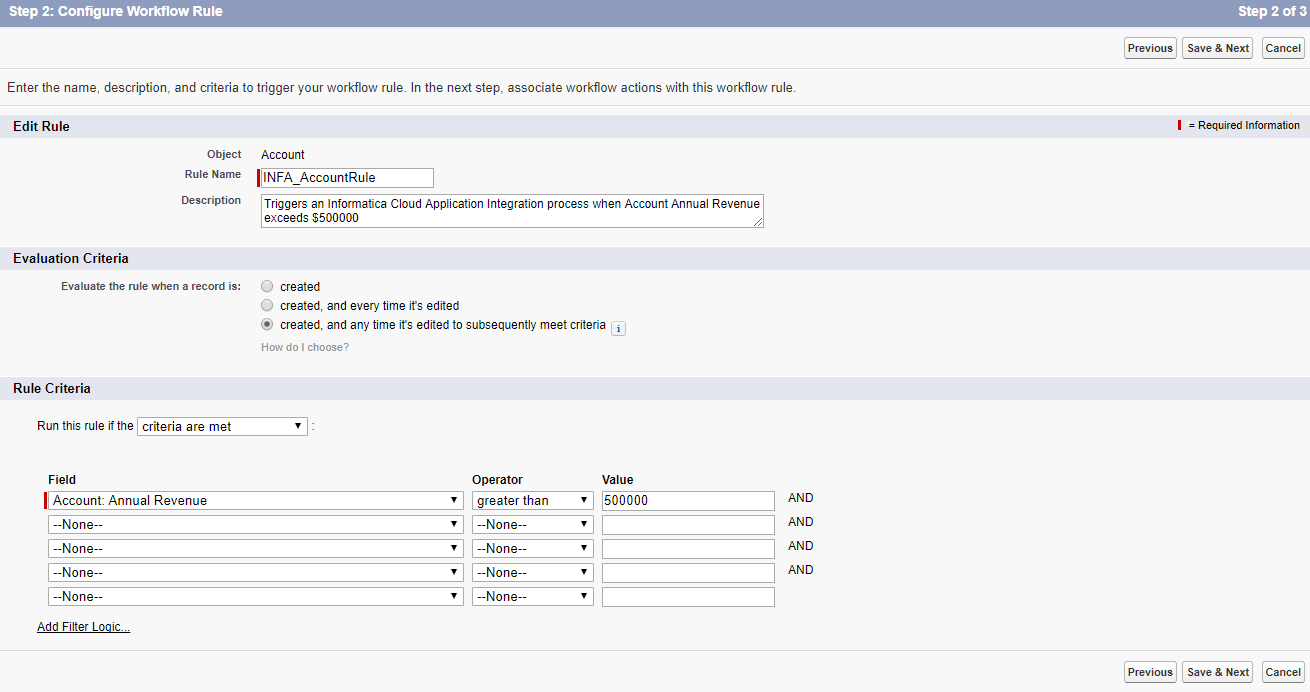 This image shows the Configure Workflow Rule page with all details entered.
