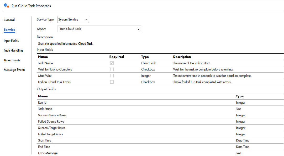 The image shows the input fields that you can configure for a Run Cloud Task Service step.