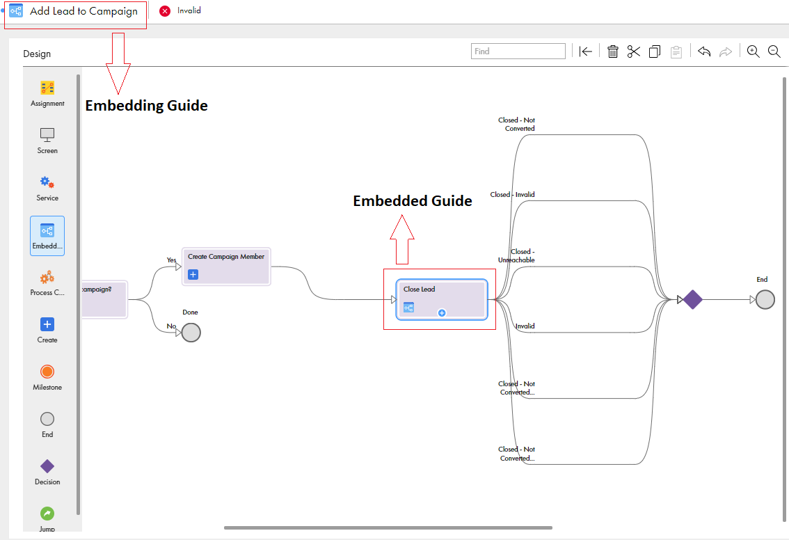 In this image, the embedded guide, Add Lead to Campaign, contains an embedding guide called Close Lead.