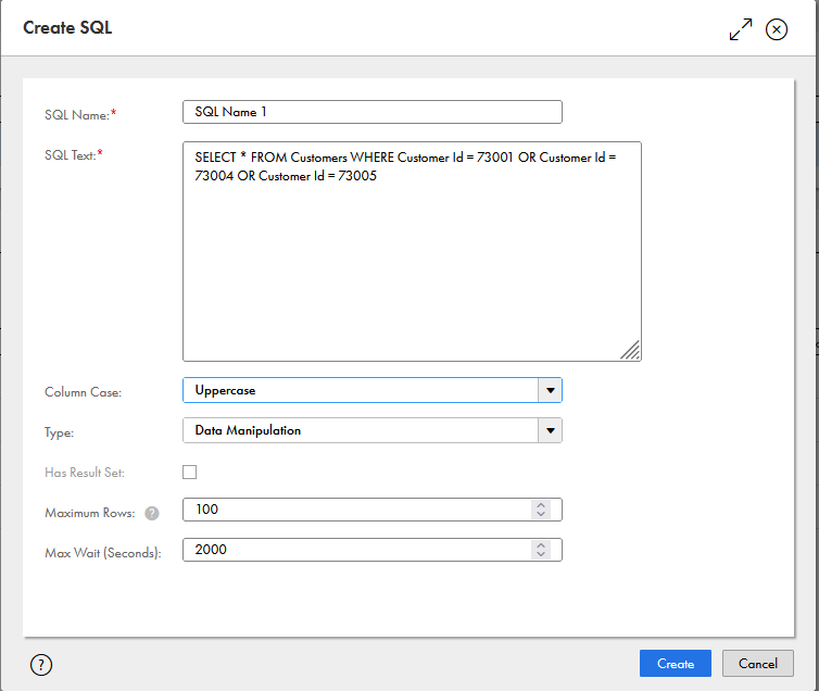 This image shows the Create SQL page.
