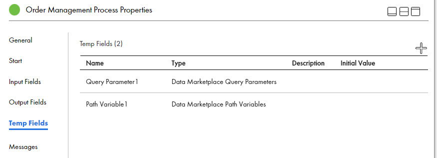 The image shows the temporary fields that you can configure for a Data Marketplace API.