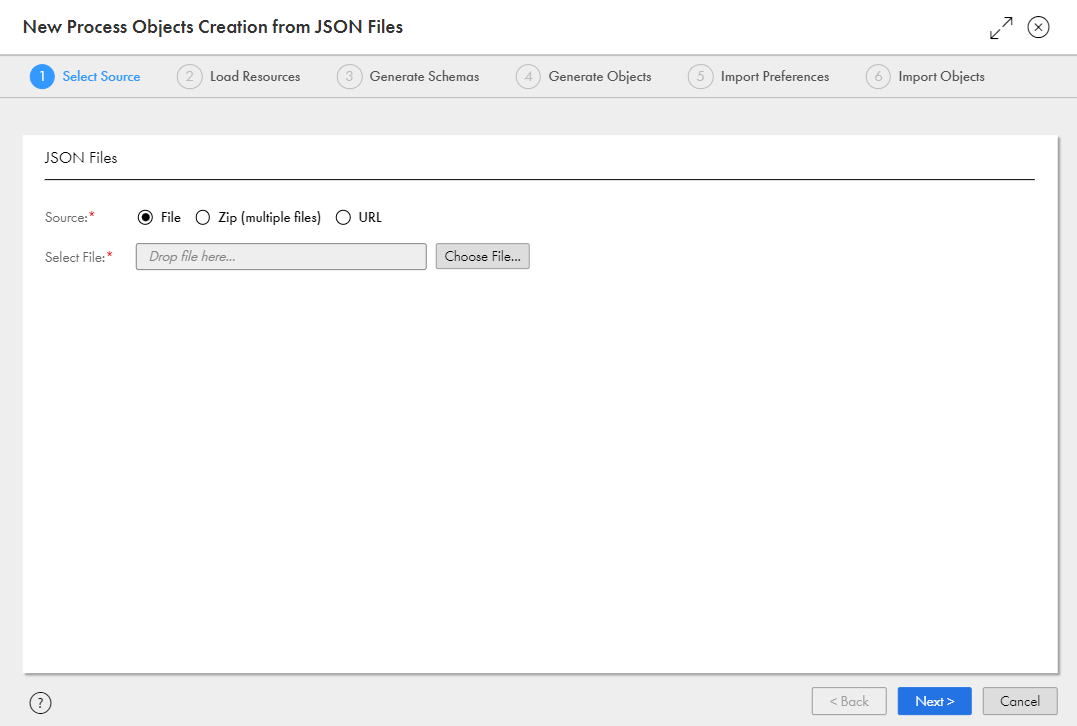 The image shows the New Process Object Creation from JSON Files dialog box.