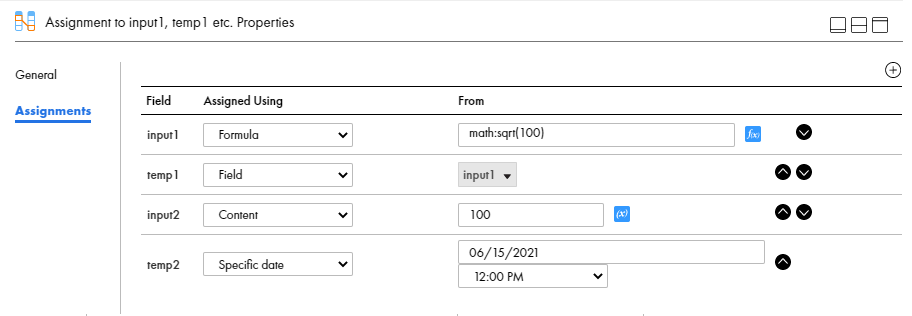 This image shows an Assignment step with five fields