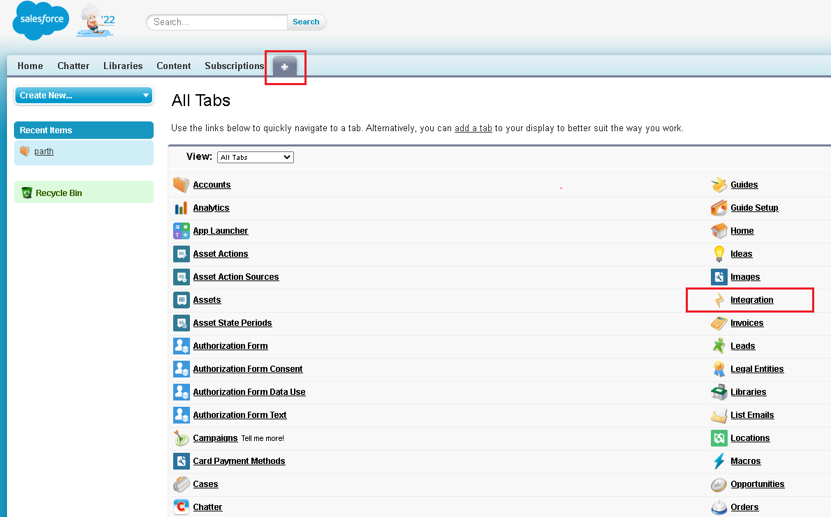 This image shows the Integration tab on the All Tabs page.