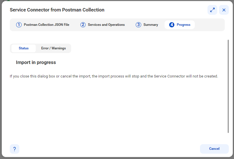 The tab displays the status of the import process on the Status page.