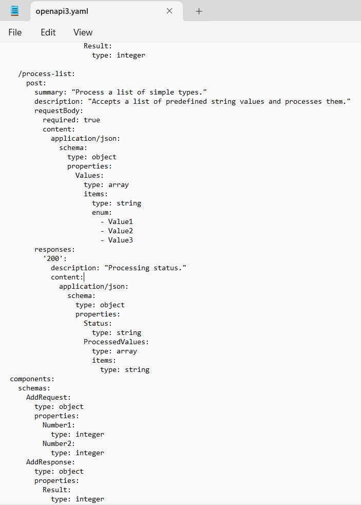 The image shows objects configured with a list of simple types in the OpenAPI 3.0 file.
