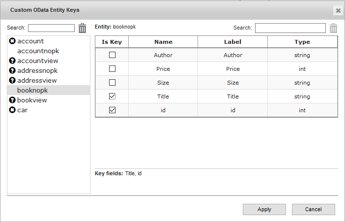 You see a dialog box with eight entities on the left side, and a list of corresponding fields on the right side.