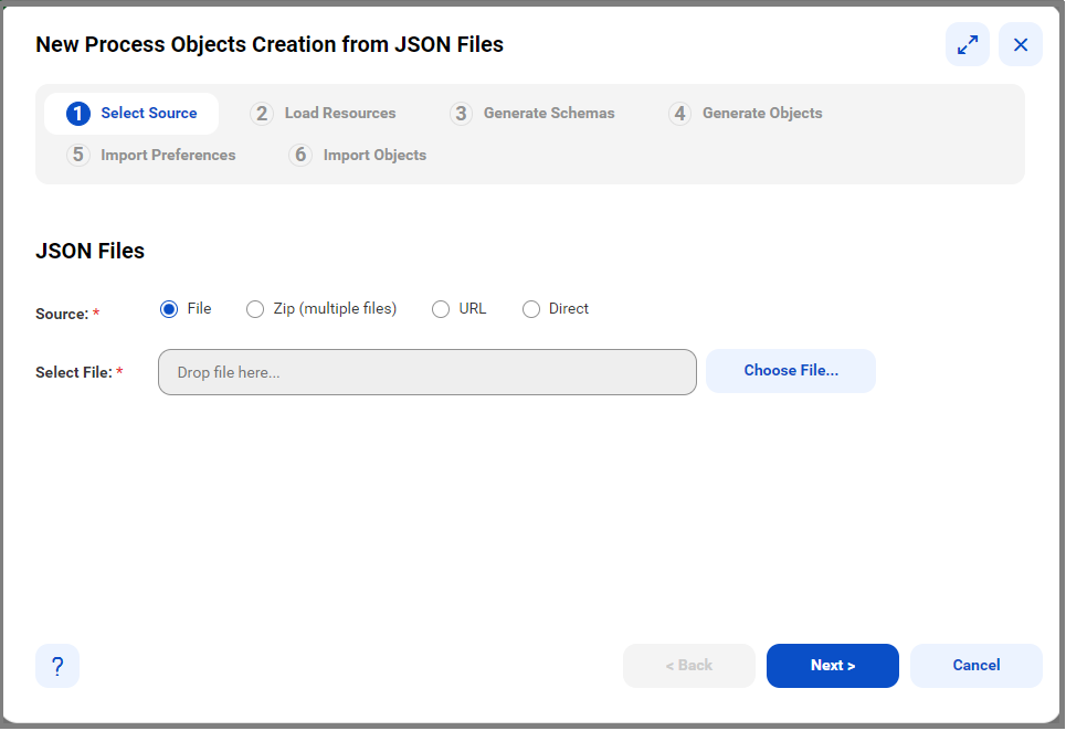 The image displays the New Process Objects Creation from JSON Files.