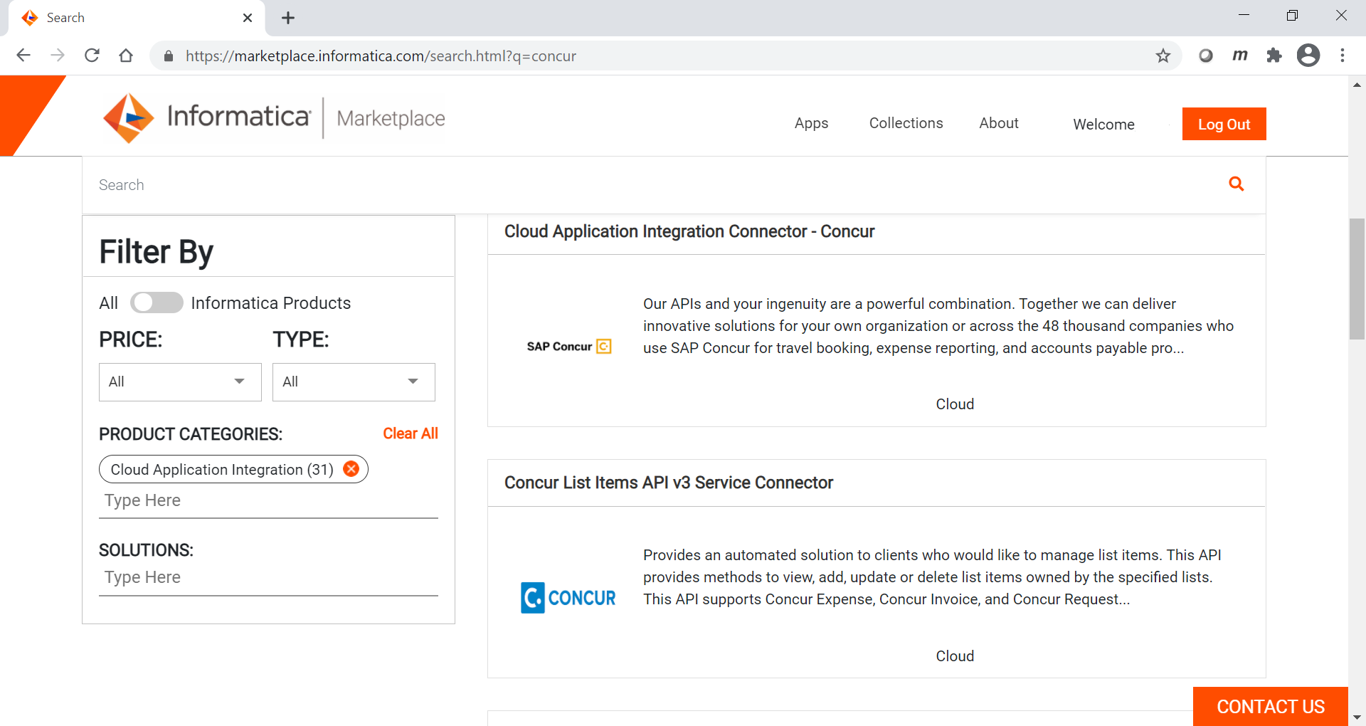 The image displays some sample Cloud Application Integration service connectors on Informatica Marketplace.