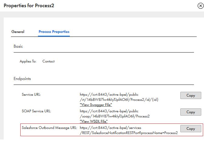 This image shows the Properties window of a process with the Service, SOAP, and Salesforce OBM URLs.