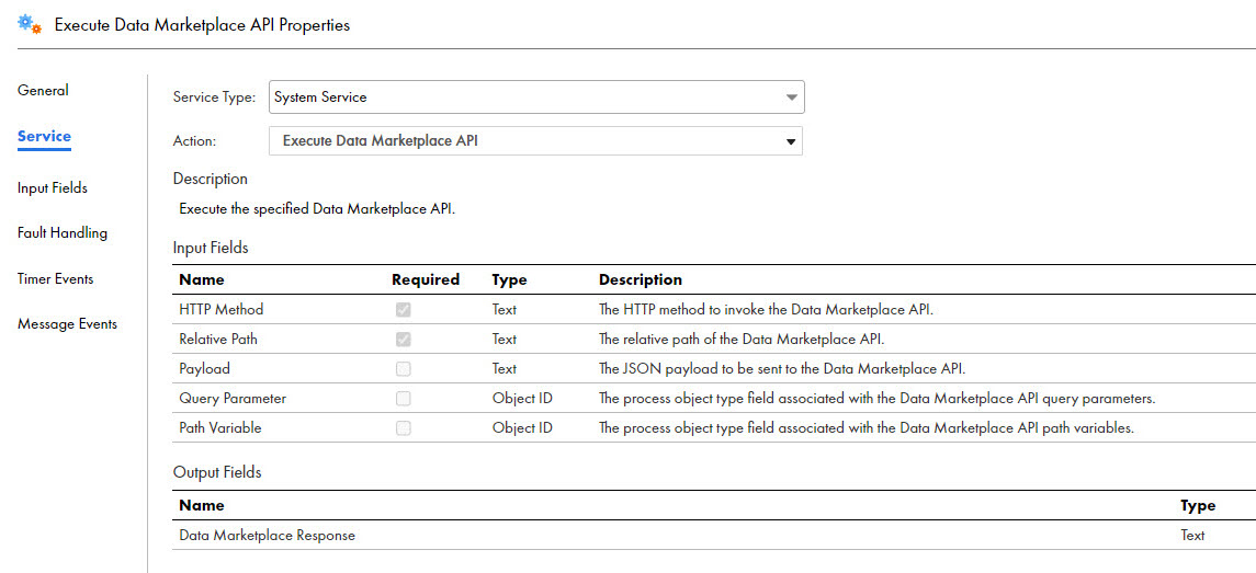 The image shows the input fields that you can configure for a Data Marketplace API.