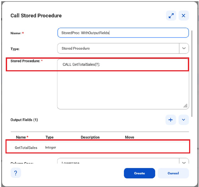 The image shows the Call Stored Procedure page with sample values provided for a stored procedure.