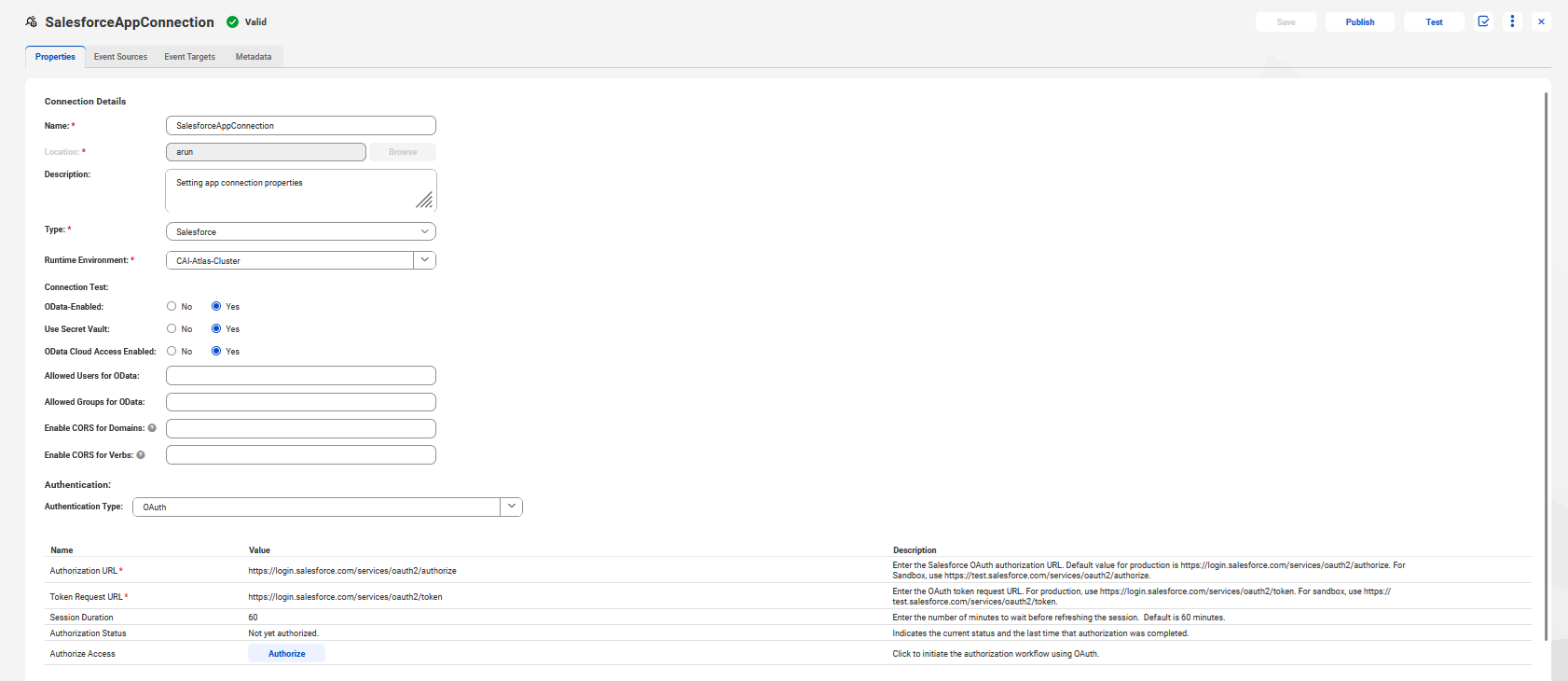 The image shows the connection properties for a Salesforce connection.