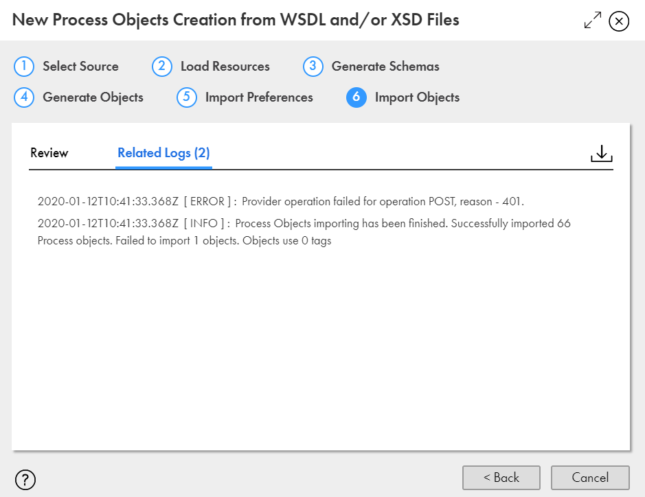 The image shows a sample log stating that one process object was not imported due to a 401 error for the POST operation.