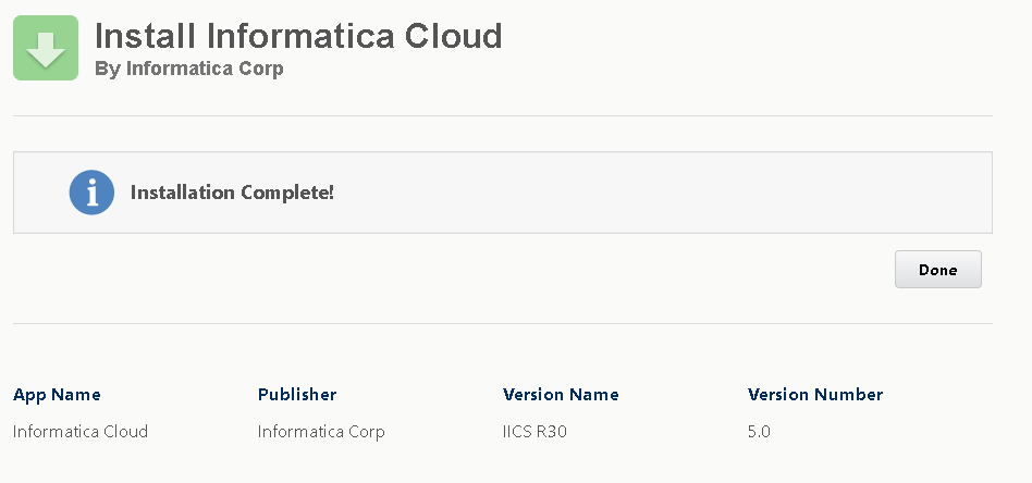 This image shows that the installation of the Salesforce managed package is complete.