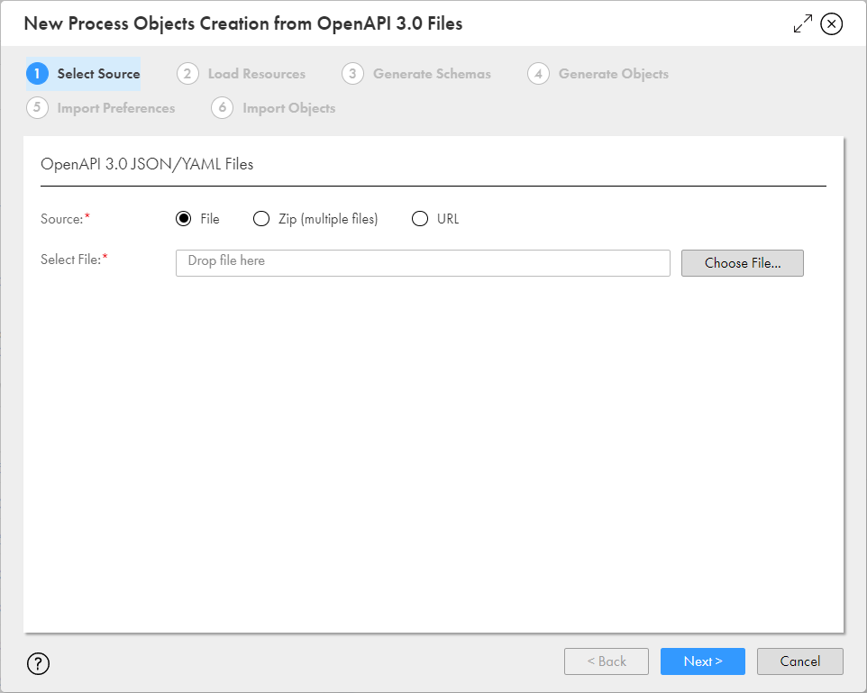 The image shows the New Process Object Creation from OpenAPI 3.0 Files dialog box.