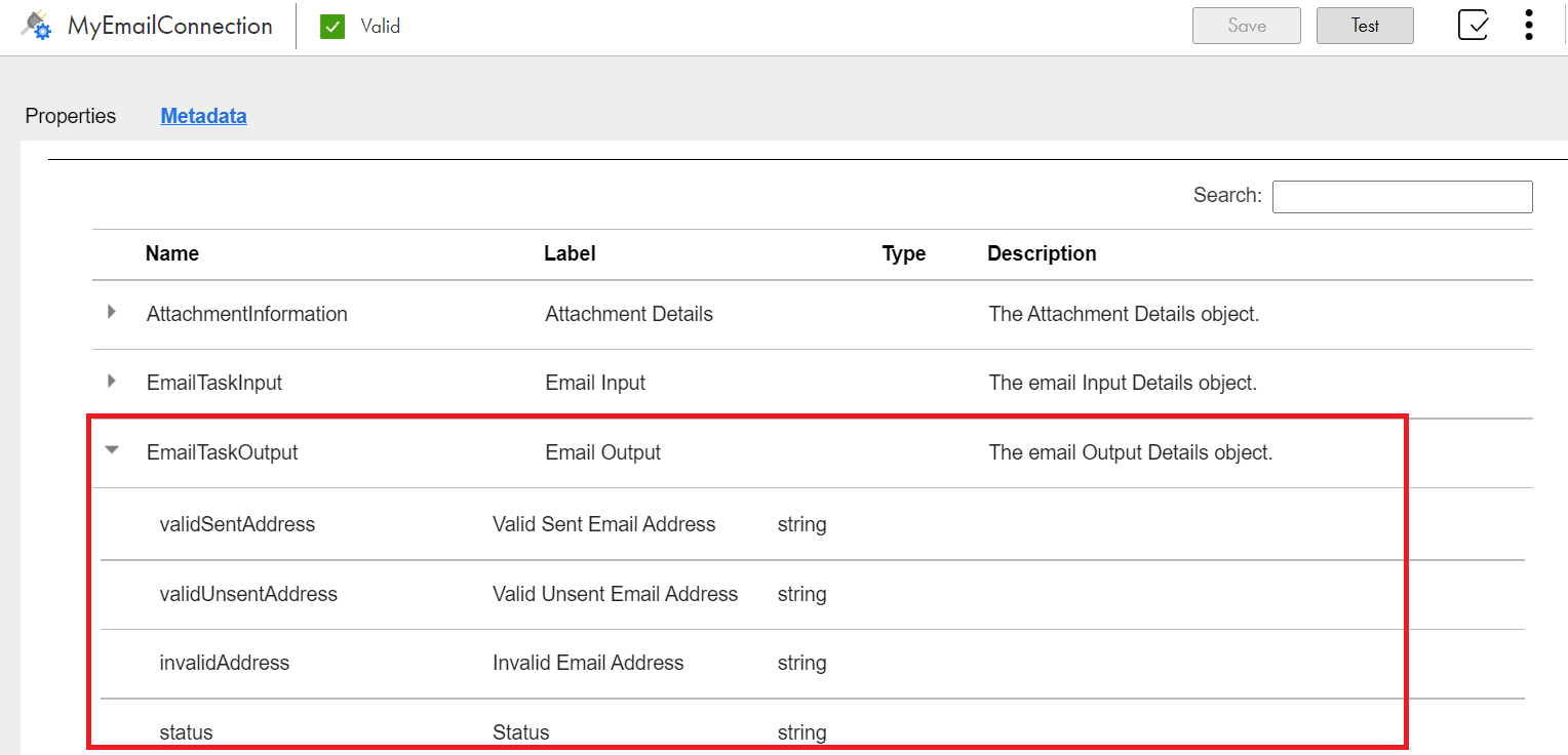 The image shows the EmailTaskOutput object with the validSentAddress, validUnsentAddress, invalidAddress, and status fields.
