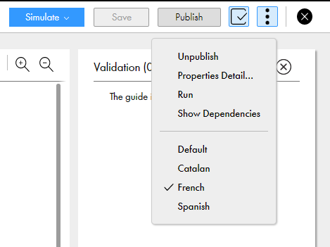 This image shows the languages available in the Actions list with French highlighted.